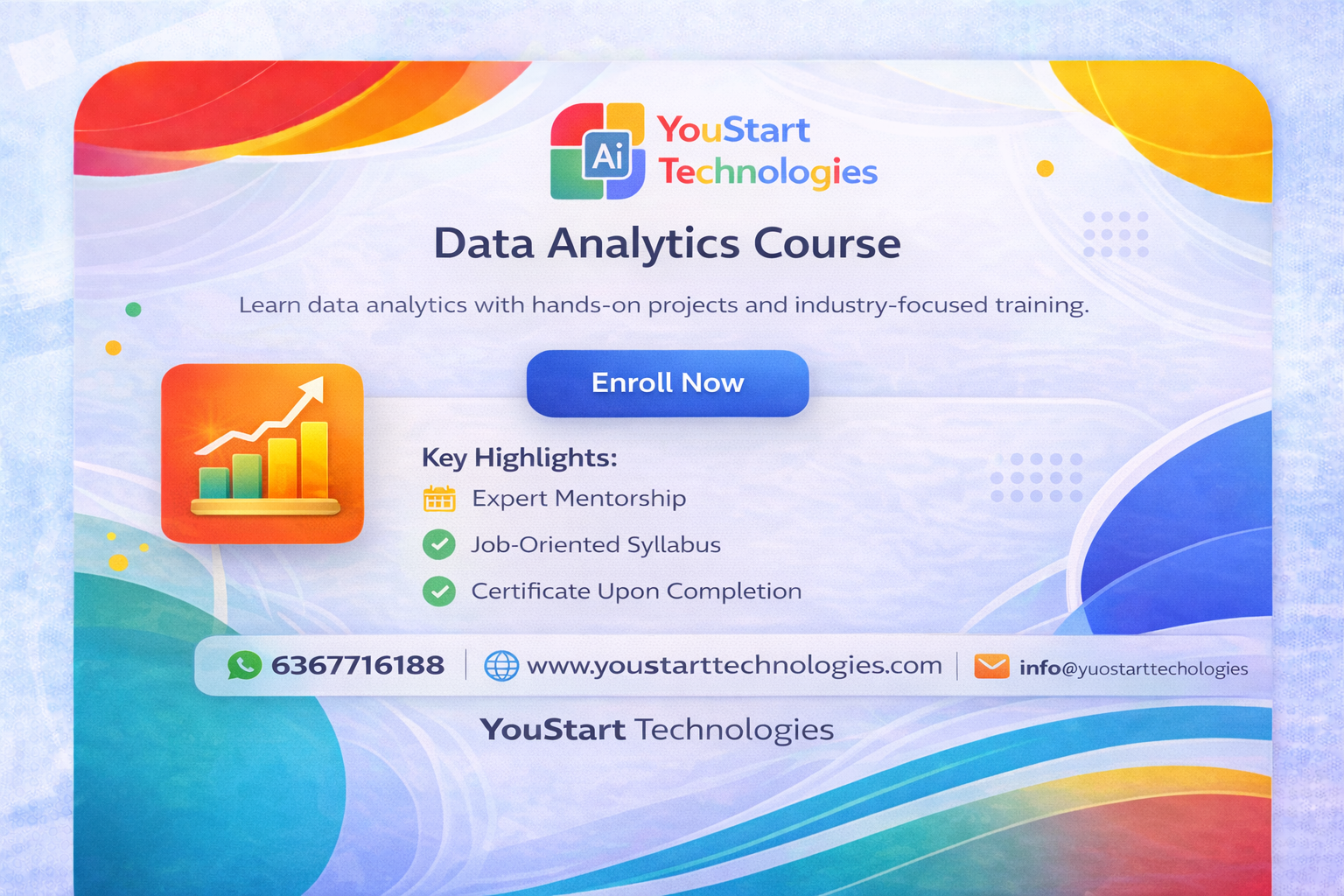 Data Analytics course card by YouStart Technologies offering job-oriented data analytics training in Jaipur