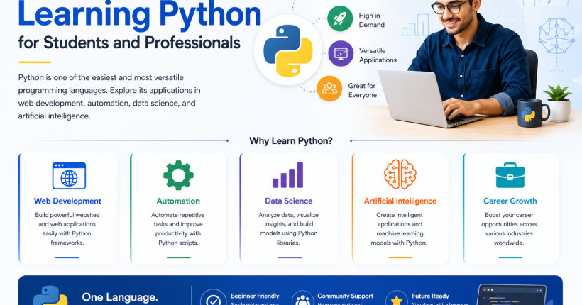 Student and professional learning Python programming for web development, data science, automation, and artificial intelligence