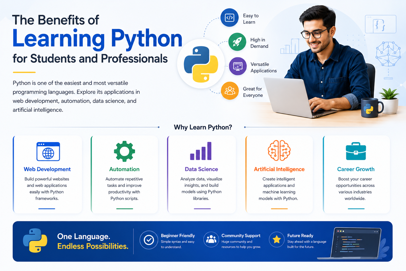 Student and professional learning Python programming for web development, data science, automation, and artificial intelligence