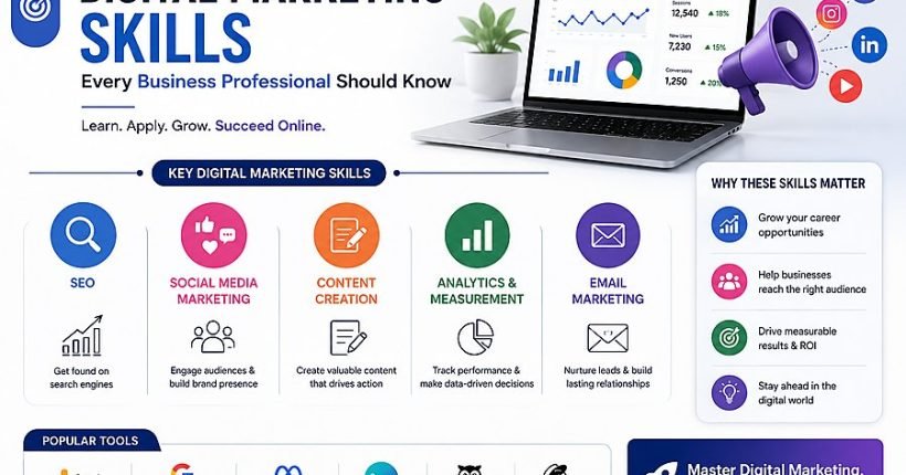 Business professionals using SEO, social media marketing, content creation, analytics, and digital marketing tools to grow online