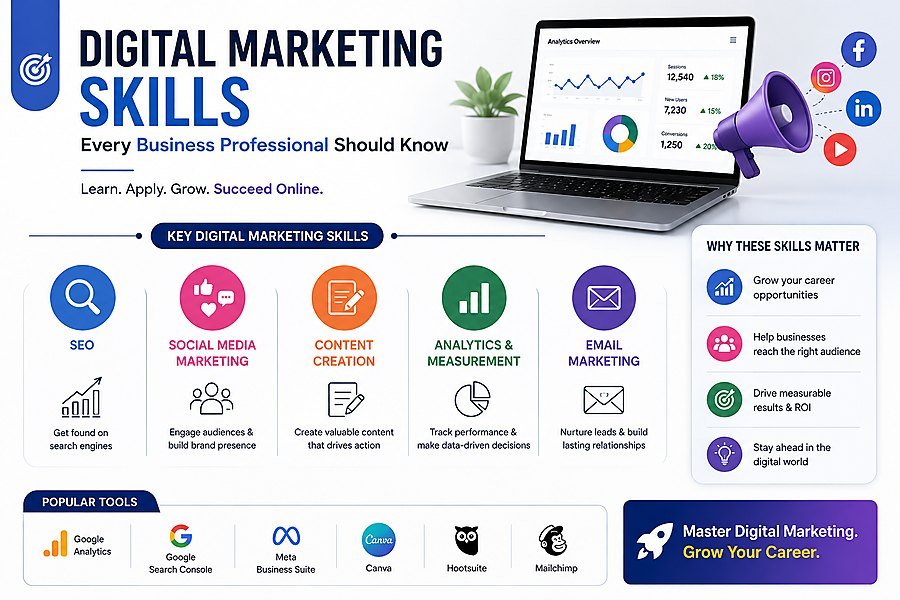 Business professionals using SEO, social media marketing, content creation, analytics, and digital marketing tools to grow online