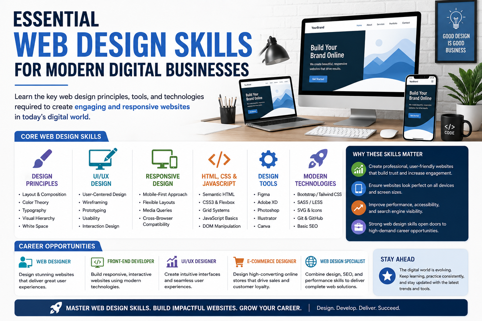 Web designer creating responsive website layouts using UX design, UI design, HTML, CSS, Figma, and modern web technologies