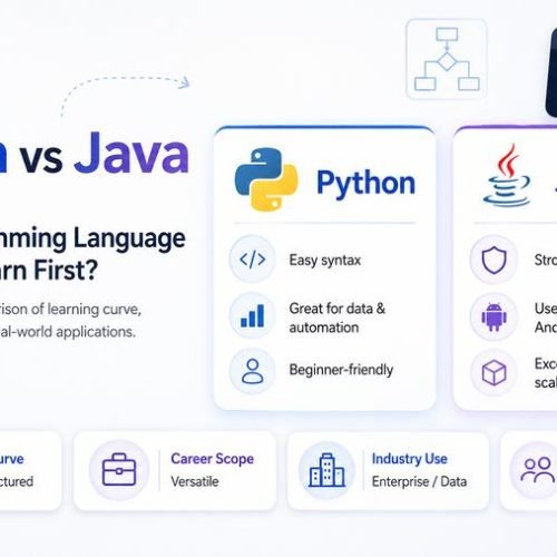 Comparison of Python and Java programming languages for beginners, showing career paths, learning curves, and software development opportunities
