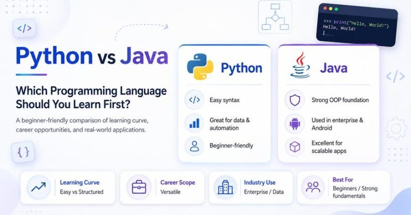 Comparison of Python and Java programming languages for beginners, showing career paths, learning curves, and software development opportunities