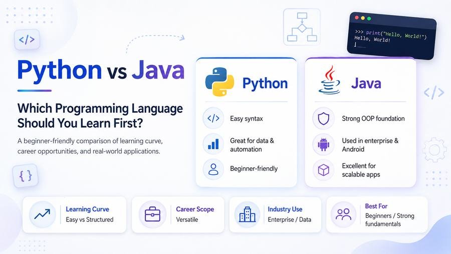 Comparison of Python and Java programming languages for beginners, showing career paths, learning curves, and software development opportunities