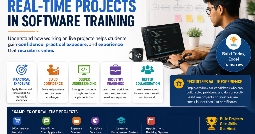 Students working on live software development projects, collaborating on coding, testing, deployment, and real-world applications