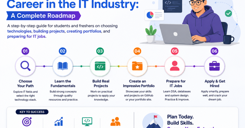 Student following a structured IT career roadmap including programming, projects, portfolio building, internships, and job preparation