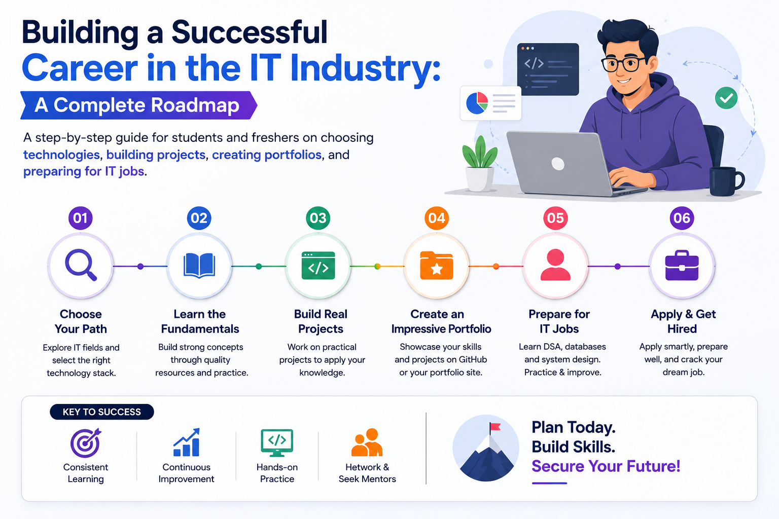 Student following a structured IT career roadmap including programming, projects, portfolio building, internships, and job preparation